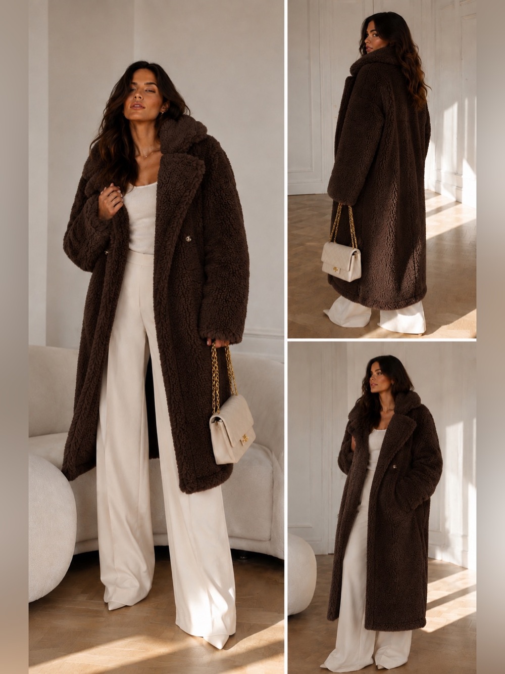 New original Cozy Brown Teddy Faux-Shearling Long Coat